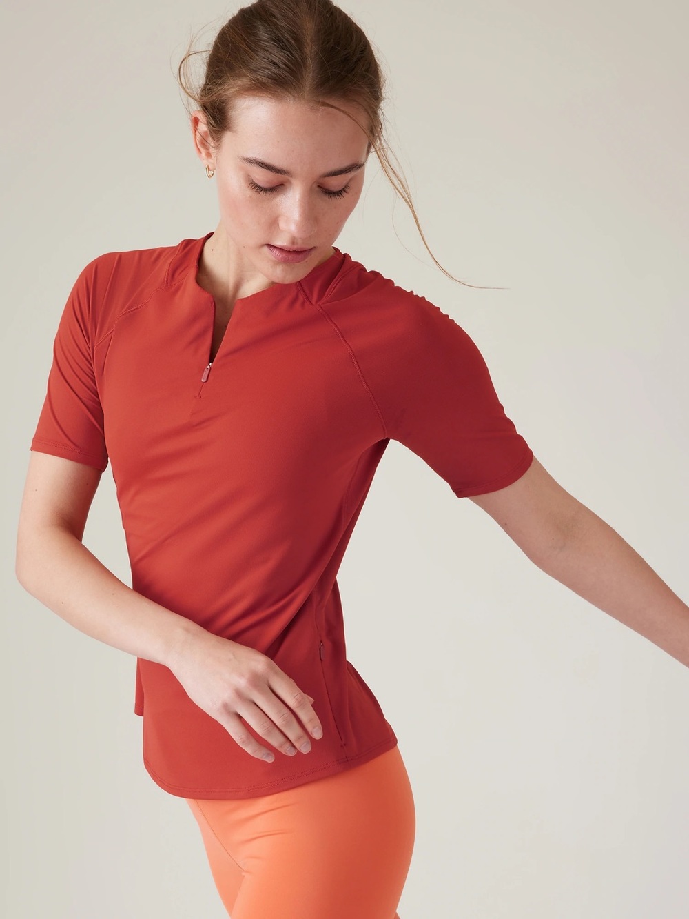 Athleta Sunchaser UPF Orange Short-Sleeve Zip-Front Training Workout Shirt